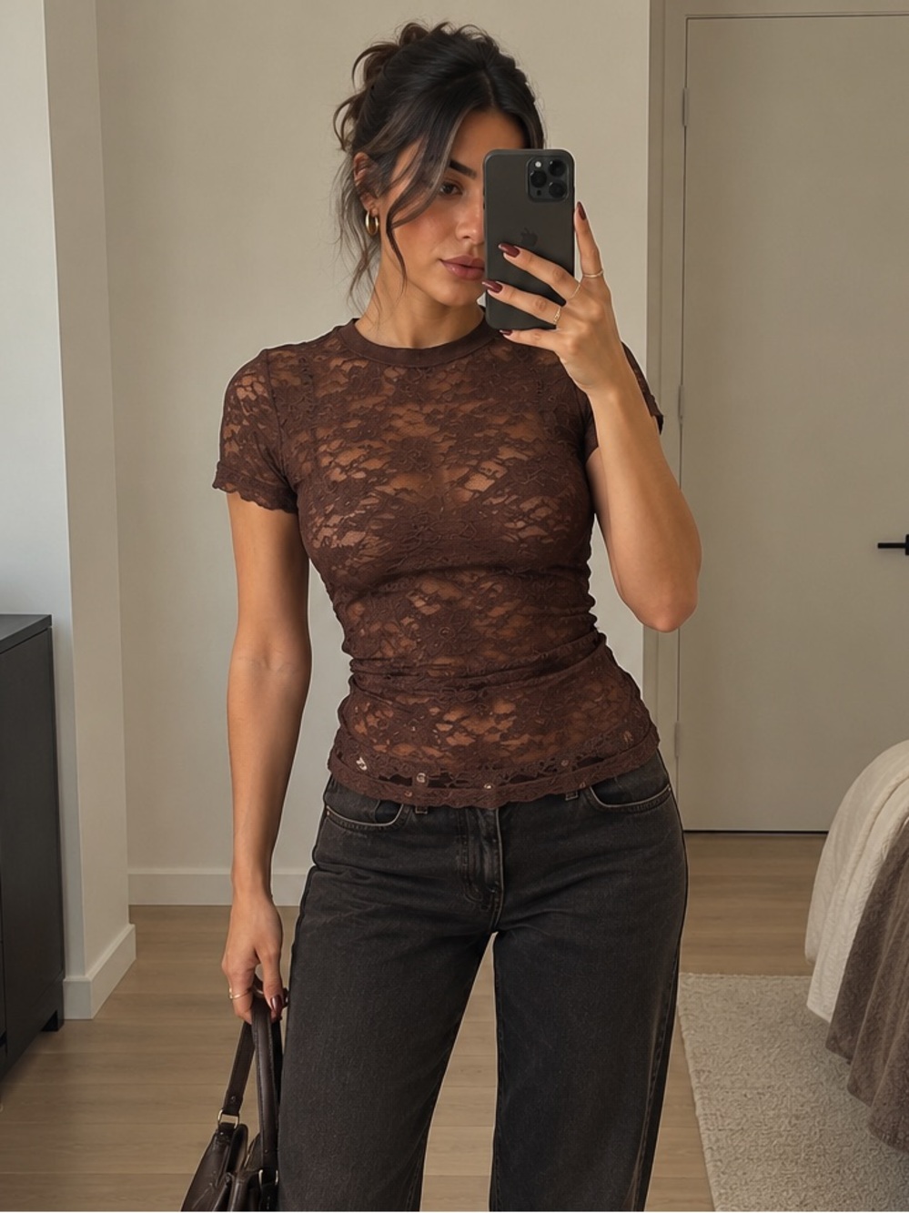 Monteau Los Angeles Chocolate Brown Floral Lace Ruched Mini Dress Size S